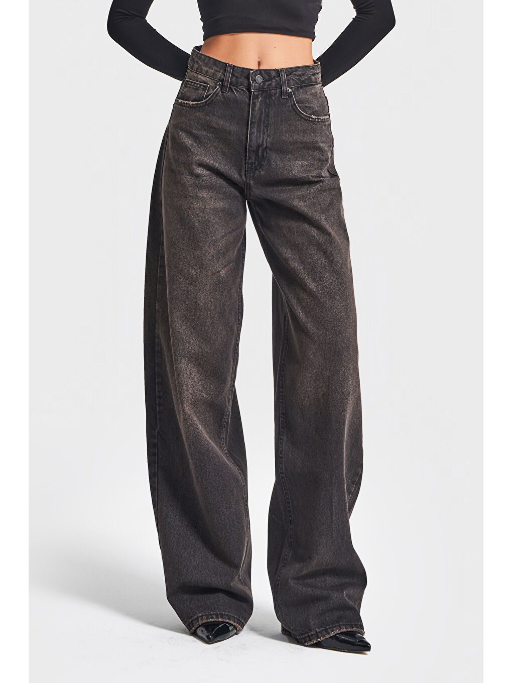 Kadın Taşlanmış Kahverengi 17w5-62 Süper Yüksek Bel Skater Fit Bol Kesim %100 Pamuk Denim Jean