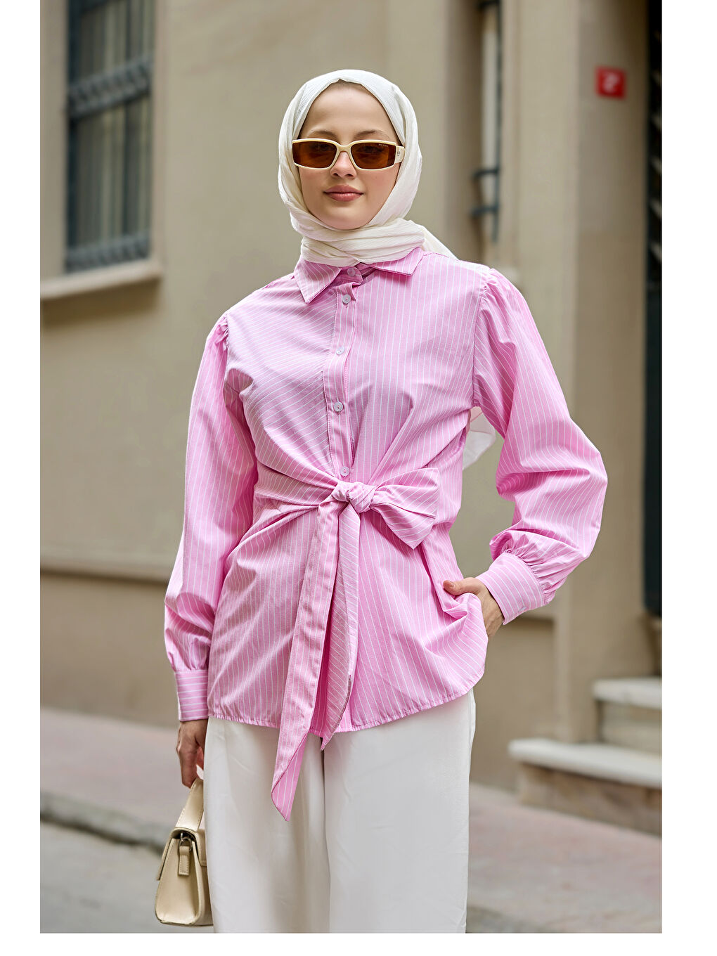 Kadın Yandan Bağlamalı Çizgili Gömlek Pembe-1