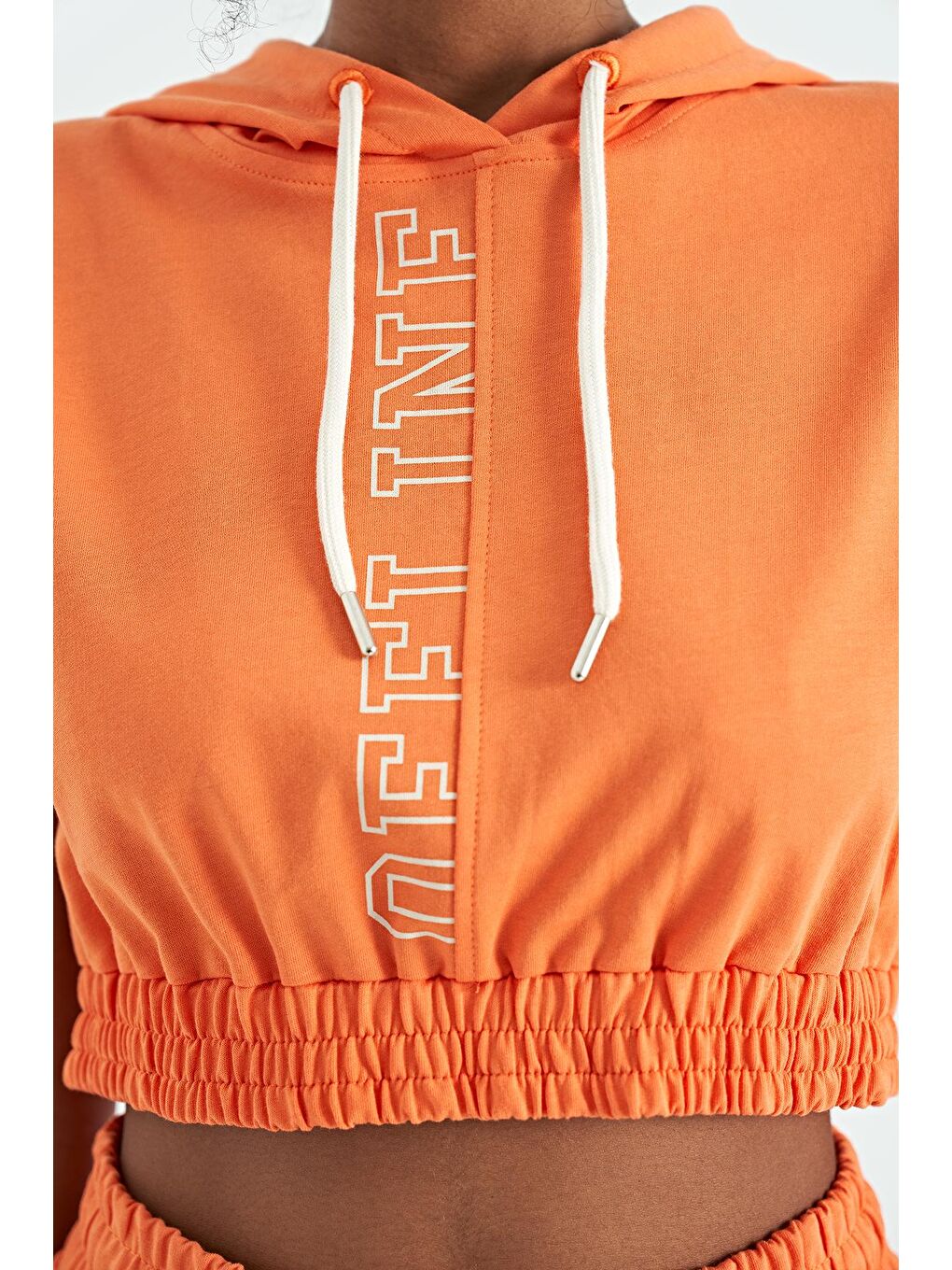 Veryperi Canlı Turuncu Oranj Kapüşonlu Baskılı Standart Kalıp Kadın Sweat Top T-Shirt - 02119 - 1