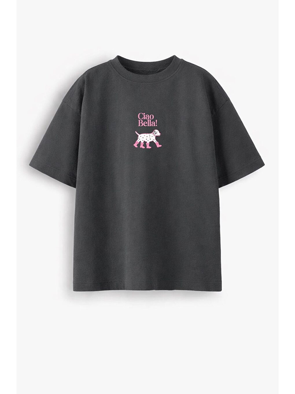 Kadın Premium Kumaş Antrasit Köpek Baskılı Oversize T-Shirt-1