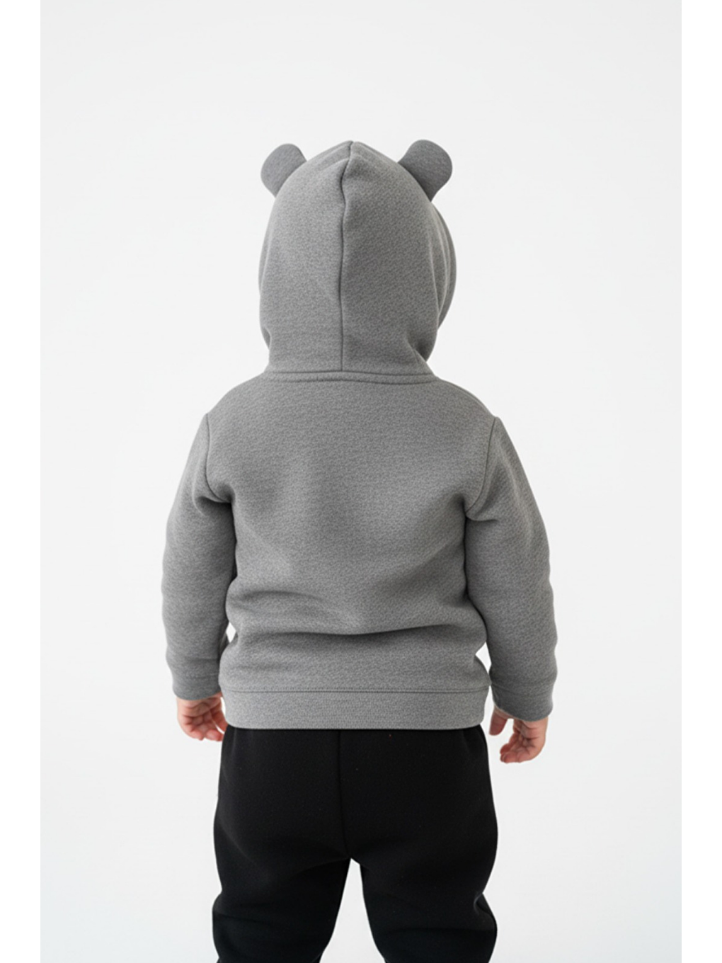 Erkek Çocuk Ayıcık Kulaklı Pamuklu Gri Kapüşonlu Sweatshirt-1