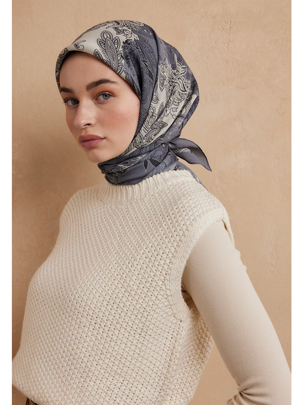 Darıa Desen Pamuk İpek Eşarp Tozlu Mavi-1