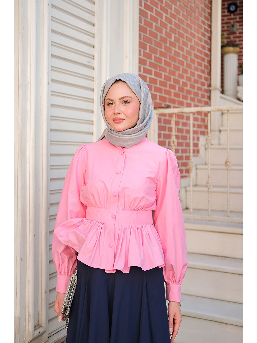 Kadın Beli Büzgü Detaylı Gömlek Pembe