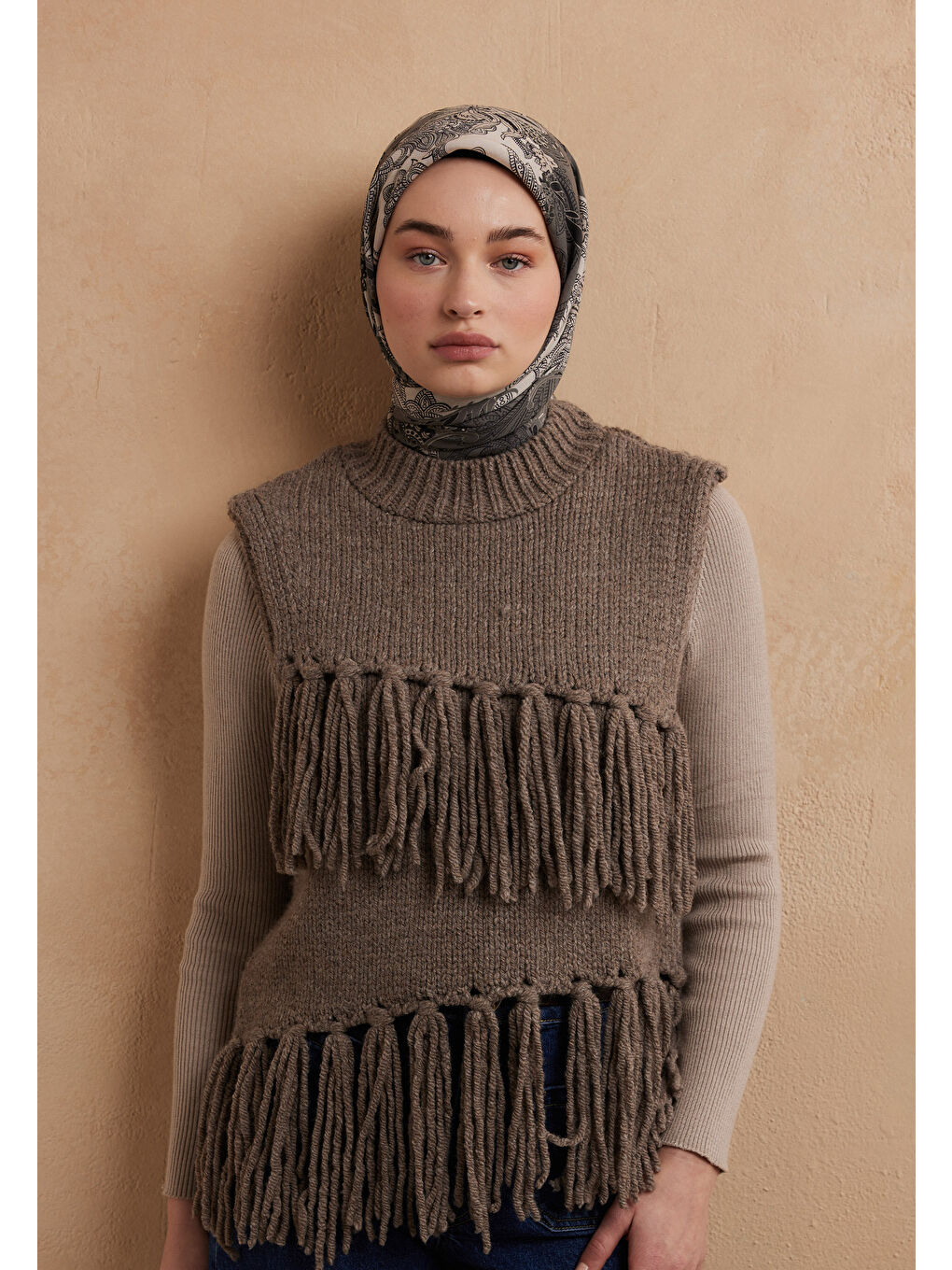 Antrasit Darıa Desen Pamuk İpek Eşarp Duman-1