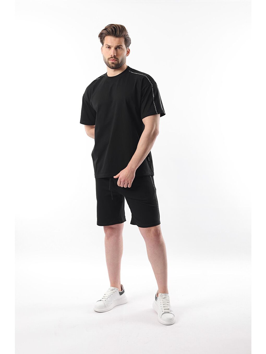 Siyah Overfit Baskılı Erkek Şort Tişört %100 Pamuk Takım E7302