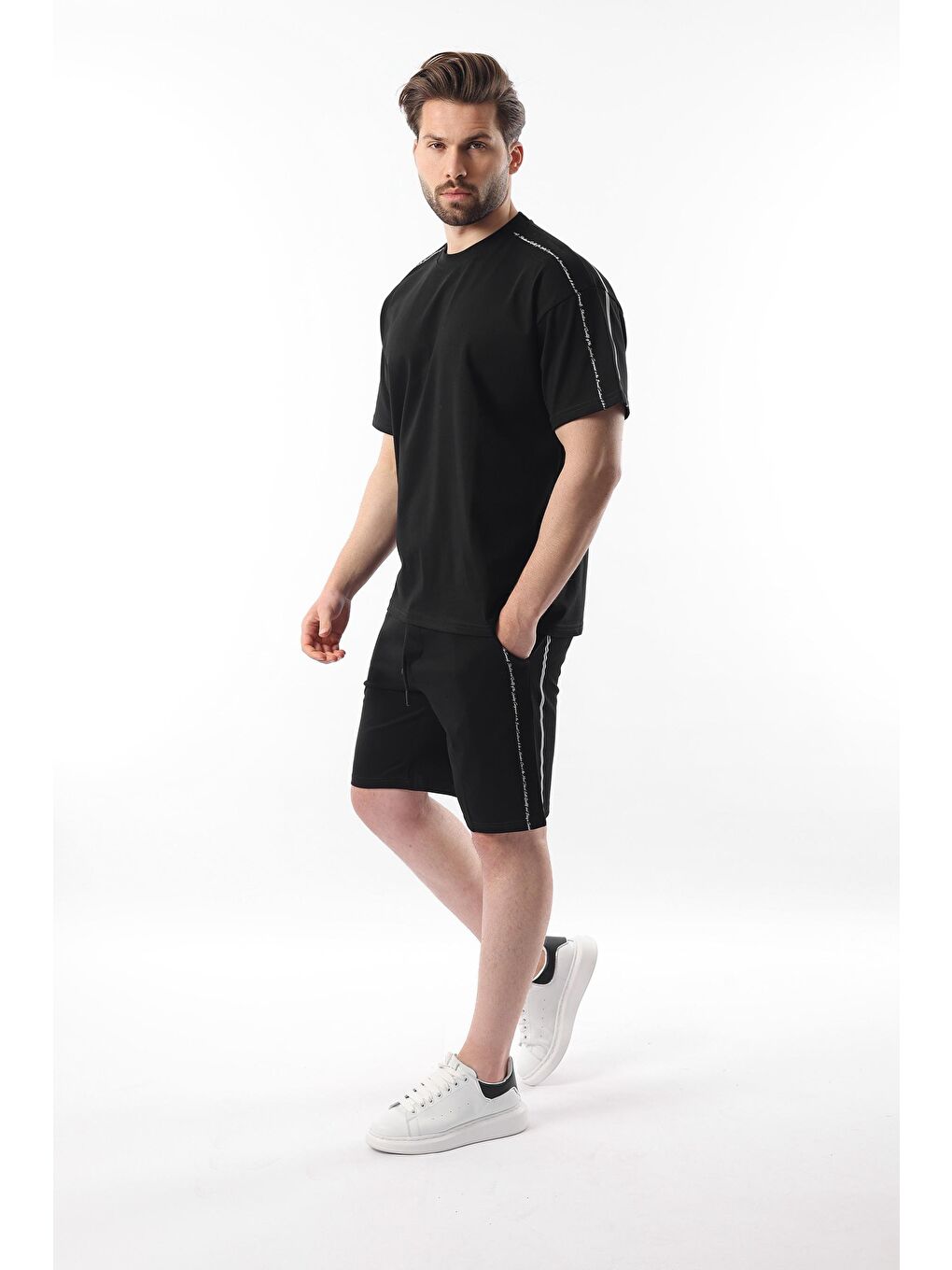 Siyah Overfit Baskılı Erkek Şort Tişört %100 Pamuk Takım E7302-1