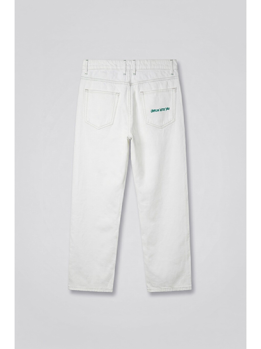 Erkek Nakış Detaylı Relaxed Jean Pantolon Beyaz-1