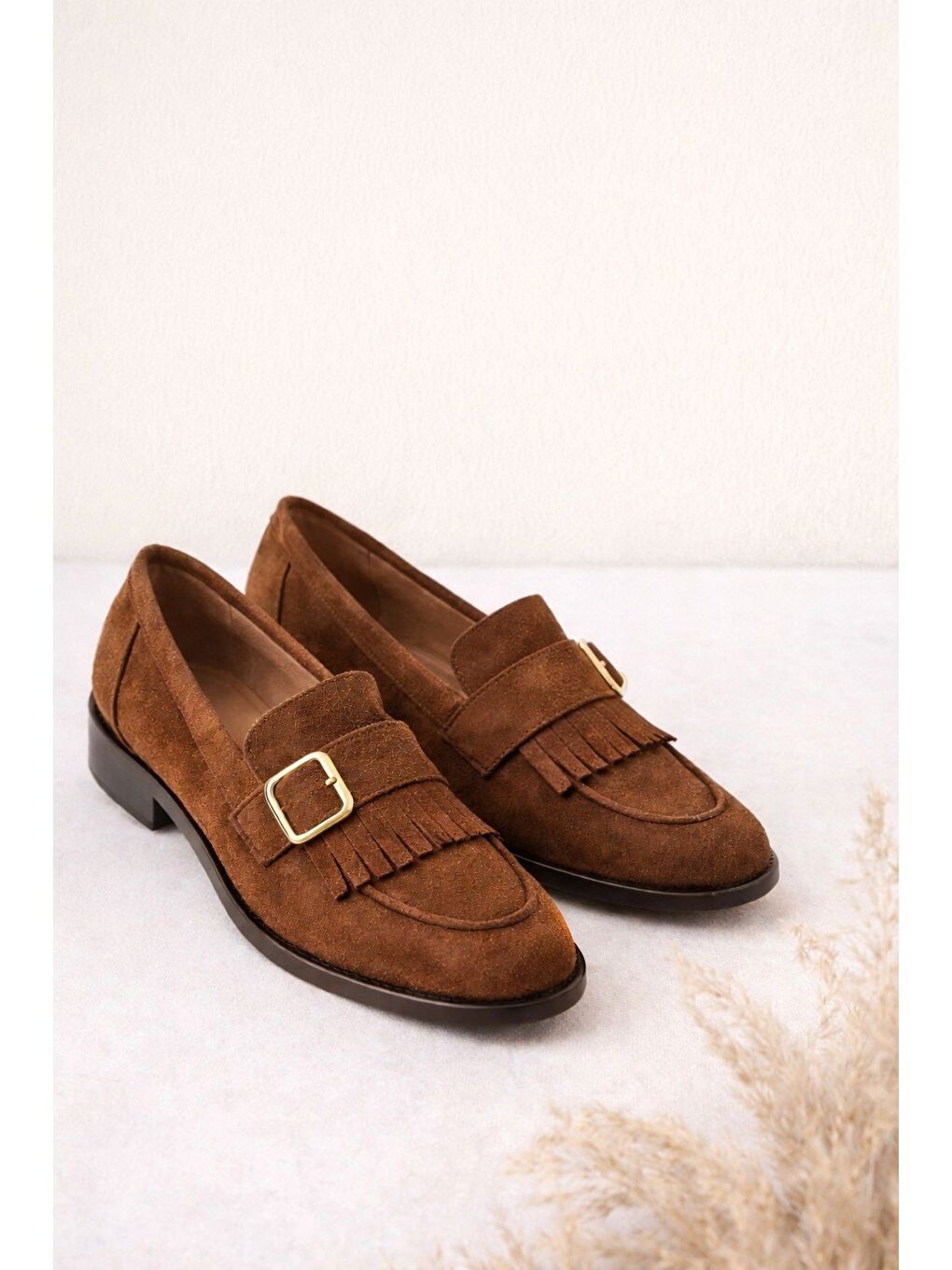 Kahverengi TUFT Gold Tokalı Püsküllü Süet Kadın Günlük Loafer Ayakkabı-4