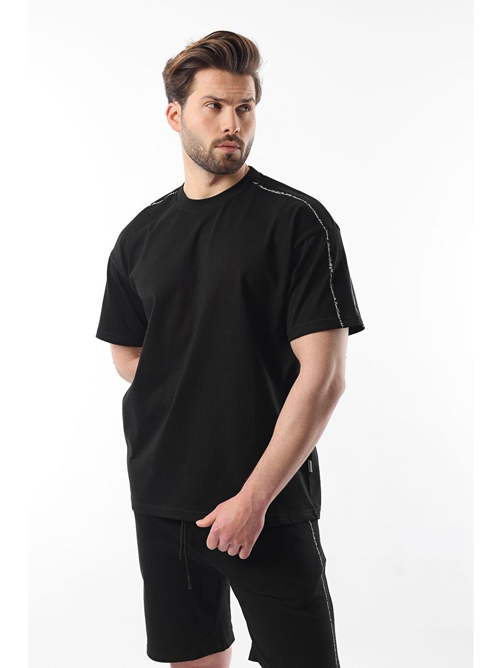 Siyah Overfit Baskılı Erkek Şort Tişört %100 Pamuk Takım E7302-2