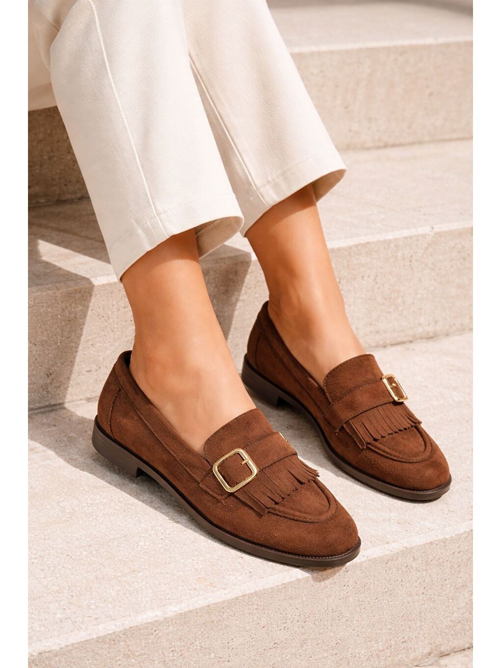Kahverengi TUFT Gold Tokalı Püsküllü Süet Kadın Günlük Loafer Ayakkabı-5