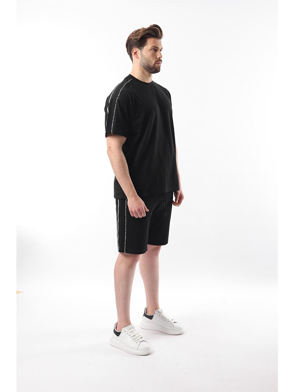 Siyah Overfit Baskılı Erkek Şort Tişört %100 Pamuk Takım E7302-3