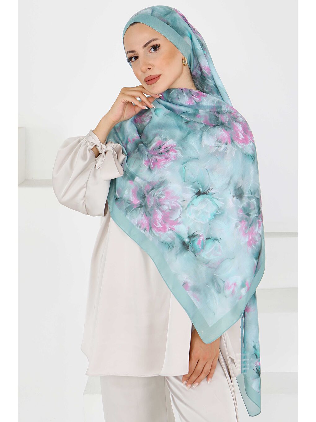 Yeşil Flower Serisi Lotus Desenli Şal Mint - 27596