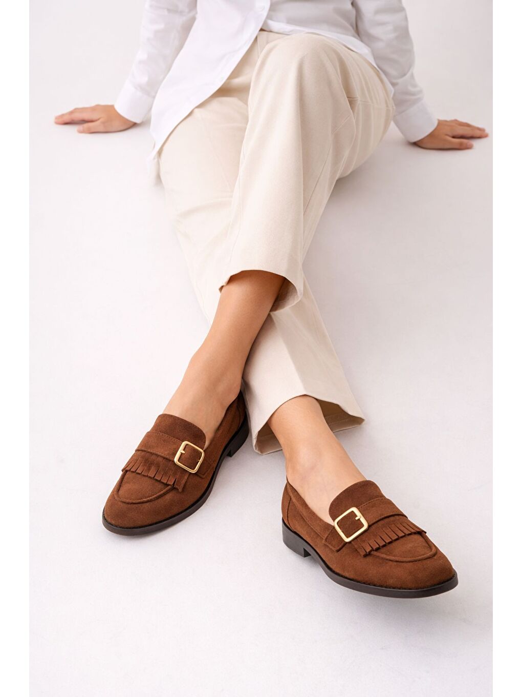 Kahverengi TUFT Gold Tokalı Püsküllü Süet Kadın Günlük Loafer Ayakkabı-6