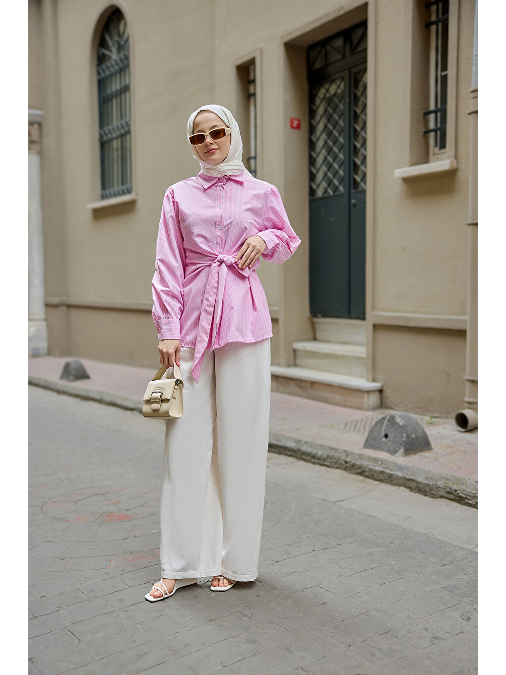 Kadın Yandan Bağlamalı Çizgili Gömlek Pembe-2