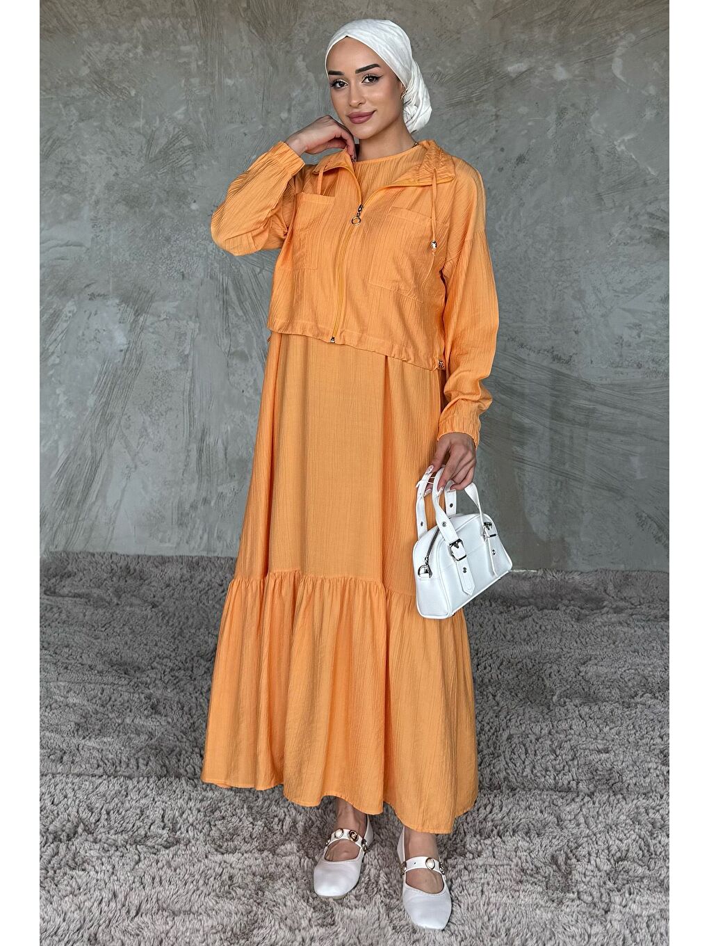 Kahverengi Etek Ucu Fırfırlı Bel Lastikli Hırka Kombinli Tesettür Elbise-2