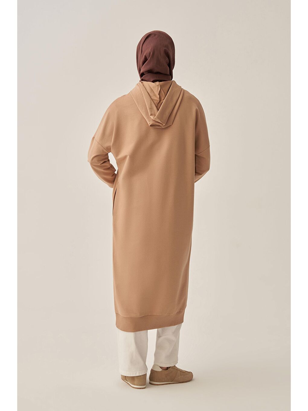 Bej Vizon-Kuşgözlü Kapüşonlu Cepli Sweat Tunik-2