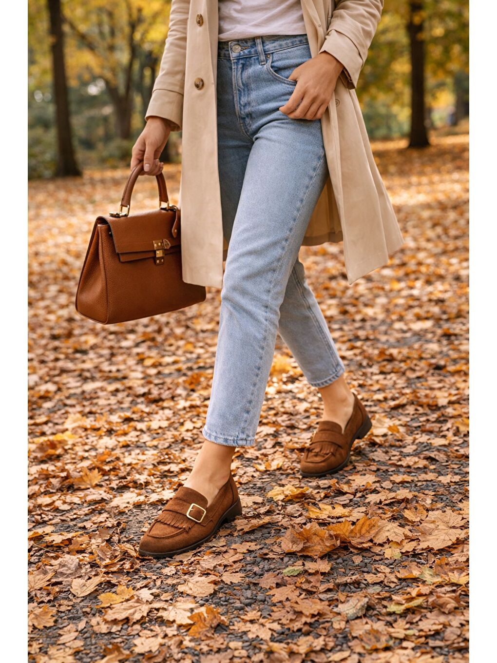 Kahverengi TUFT Gold Tokalı Püsküllü Süet Kadın Günlük Loafer Ayakkabı-7