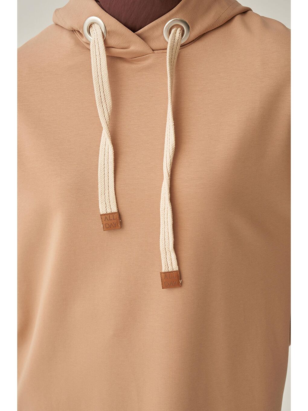 Bej Vizon-Kuşgözlü Kapüşonlu Cepli Sweat Tunik-4