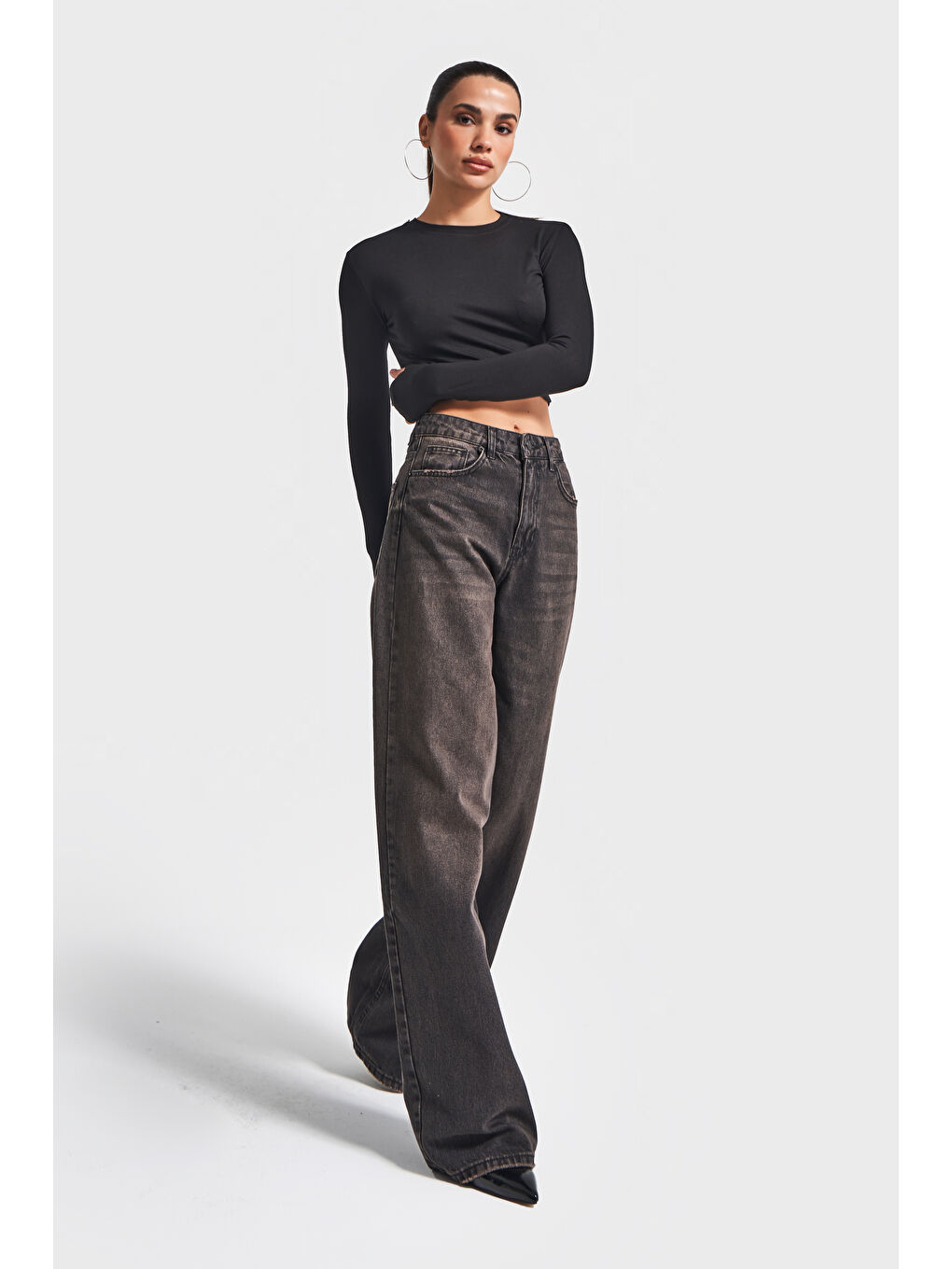 Kadın Taşlanmış Kahverengi 17w5-62 Süper Yüksek Bel Skater Fit Bol Kesim %100 Pamuk Denim Jean-4