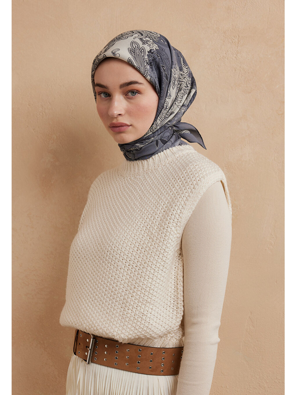 Darıa Desen Pamuk İpek Eşarp Tozlu Mavi-2