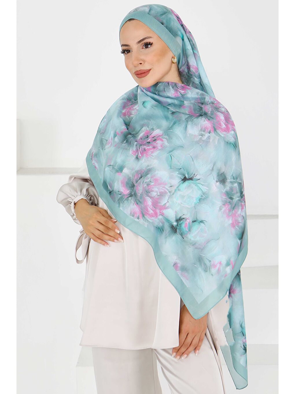 Yeşil Flower Serisi Lotus Desenli Şal Mint - 27596-1