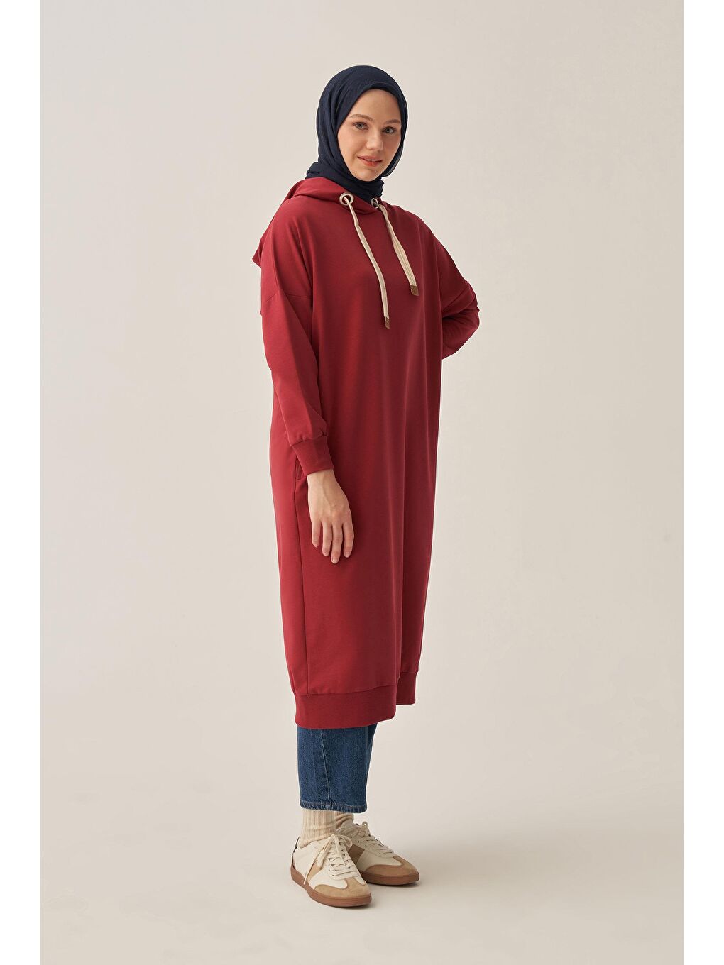 Bordo-Kuşgözlü Kapüşonlu Cepli Sweat Tunik-1