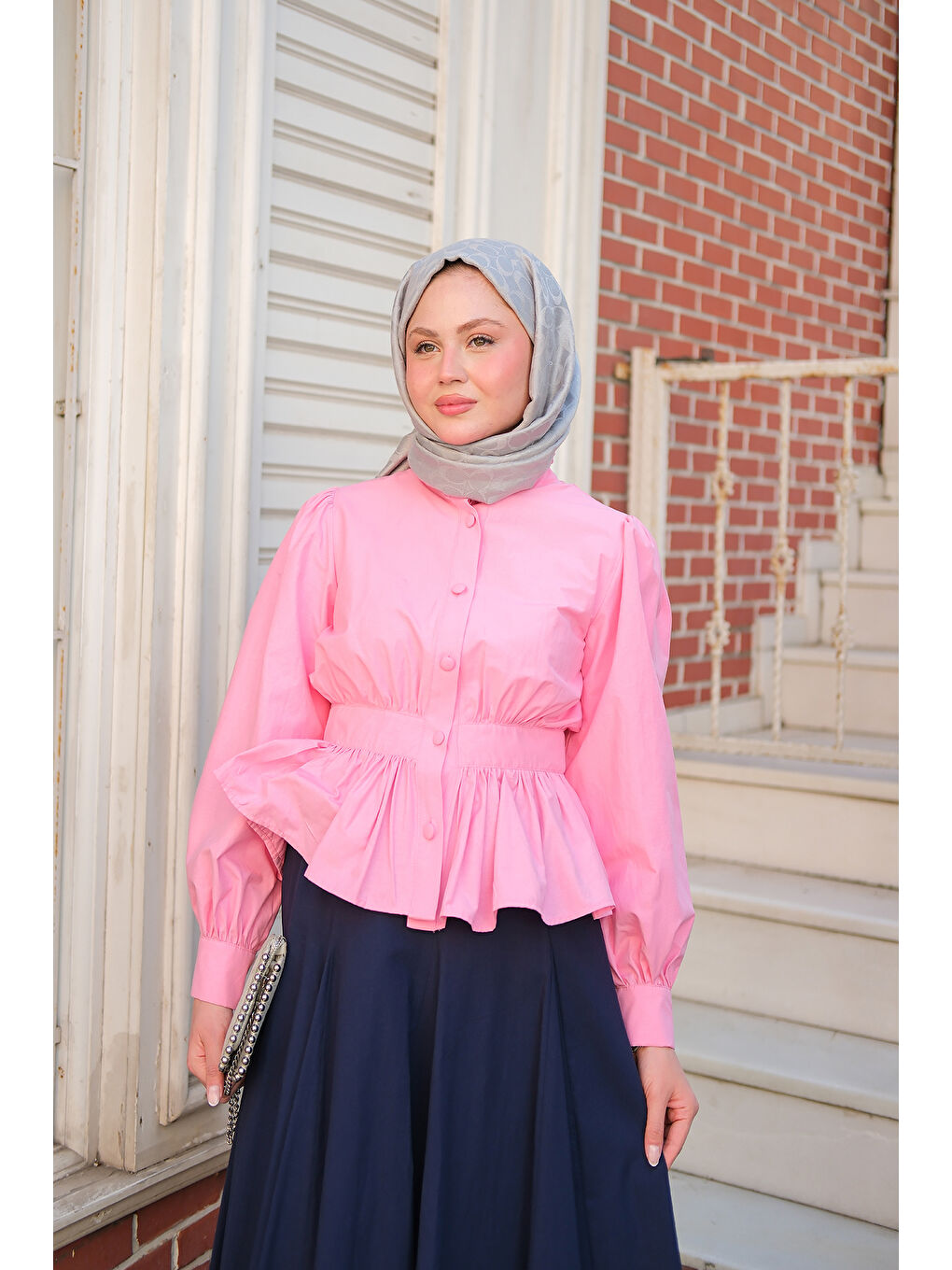 Kadın Beli Büzgü Detaylı Gömlek Pembe-1