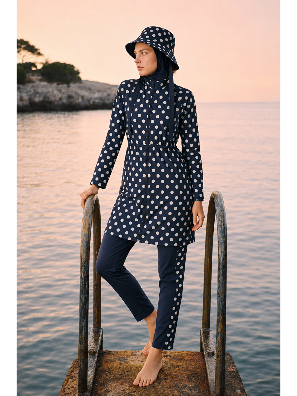 Pearl Dot | Beyaz Puantiyeli Lacivert Stoperli Tesettür Mayo 5 Li Set