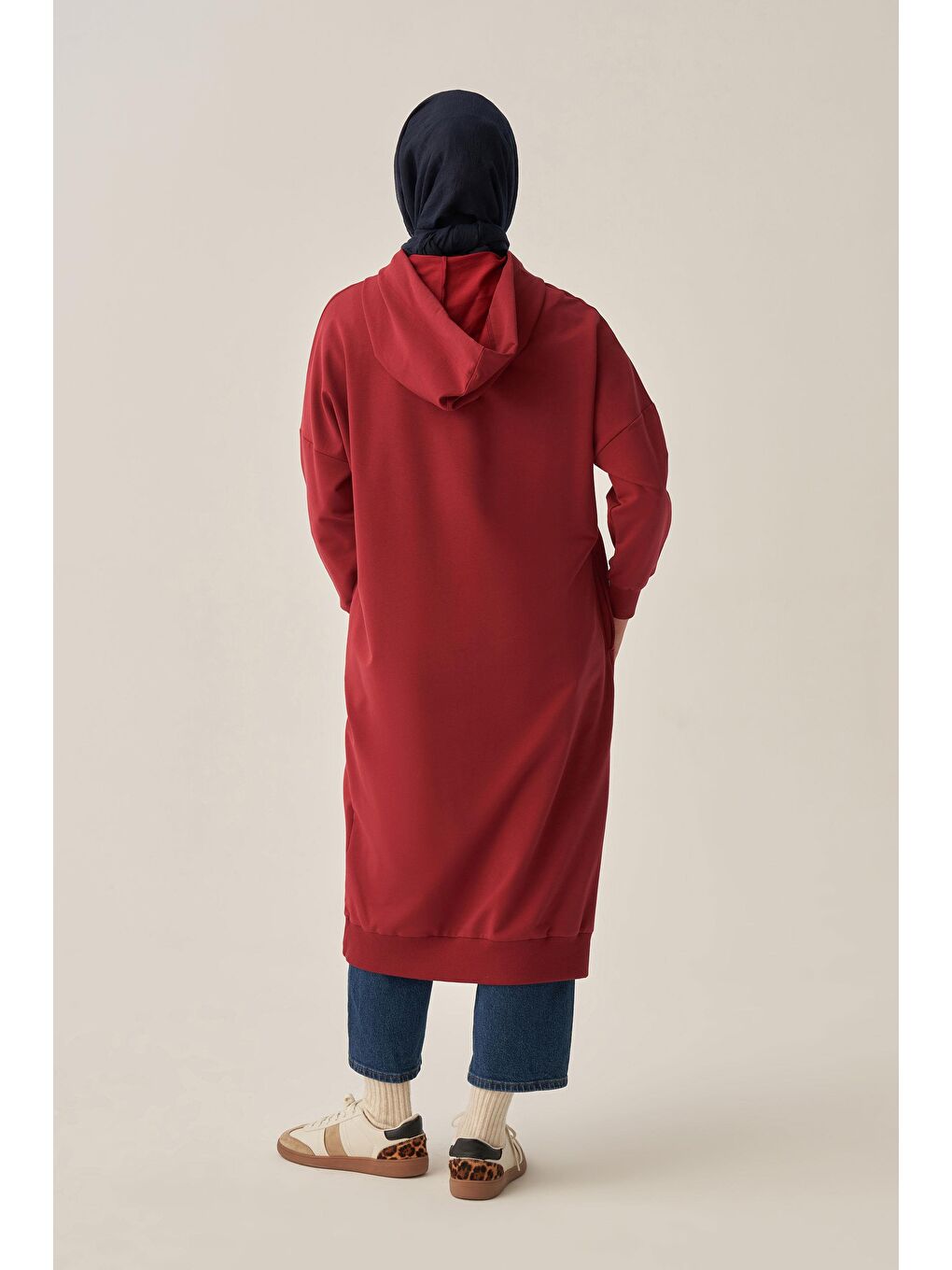 Bordo-Kuşgözlü Kapüşonlu Cepli Sweat Tunik-2