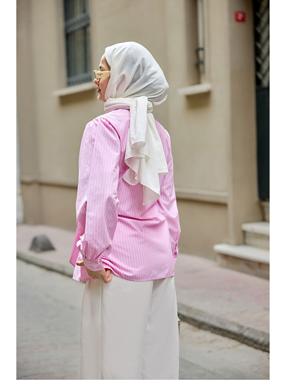 Kadın Yandan Bağlamalı Çizgili Gömlek Pembe-3