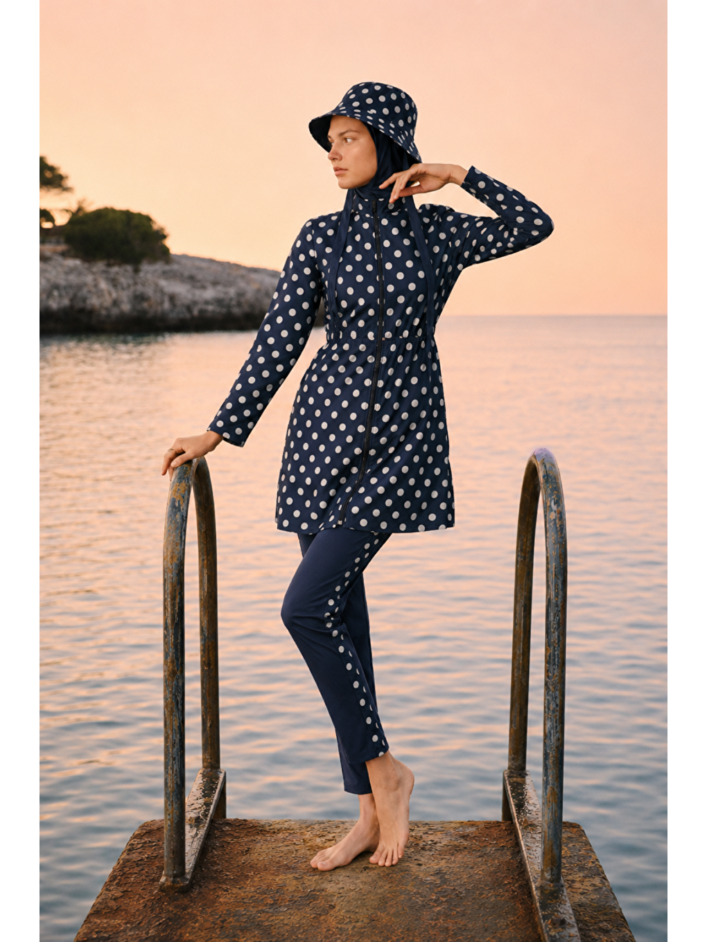 Pearl Dot | Beyaz Puantiyeli Lacivert Stoperli Tesettür Mayo 5 Li Set-1