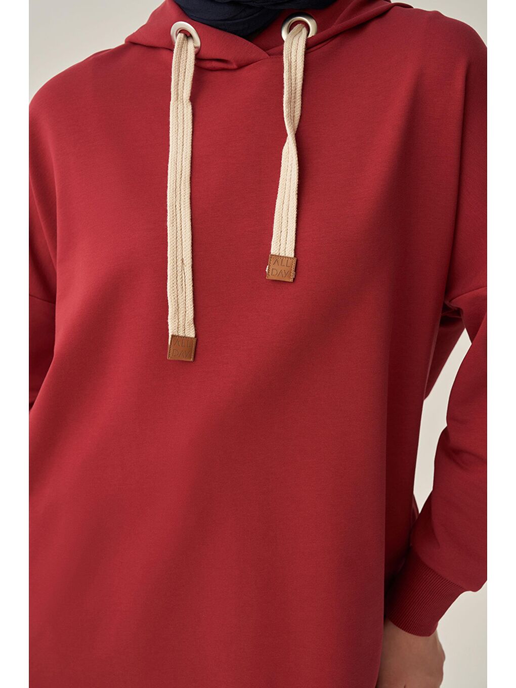Bordo-Kuşgözlü Kapüşonlu Cepli Sweat Tunik-4