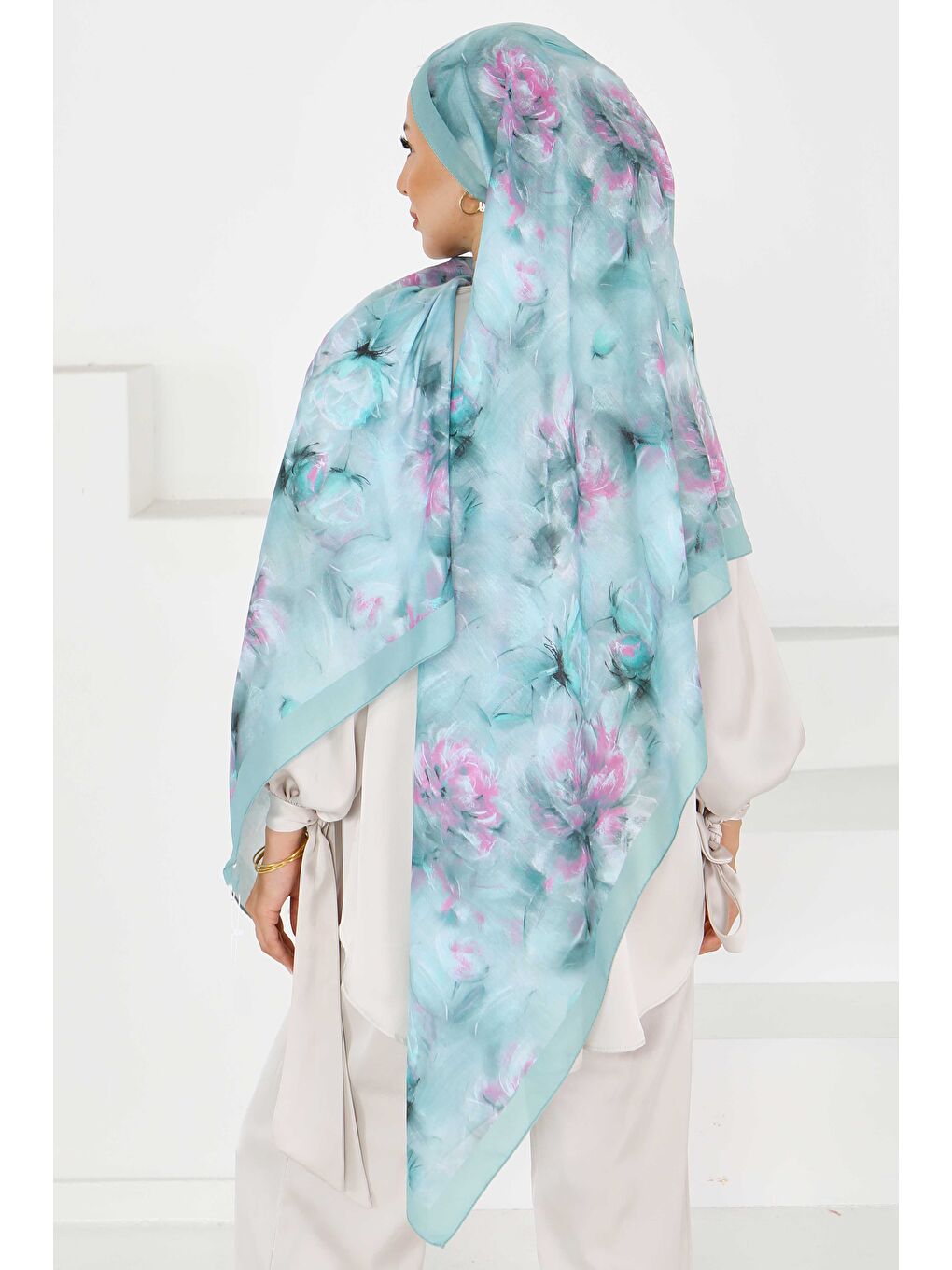 Yeşil Flower Serisi Lotus Desenli Şal Mint - 27596-2