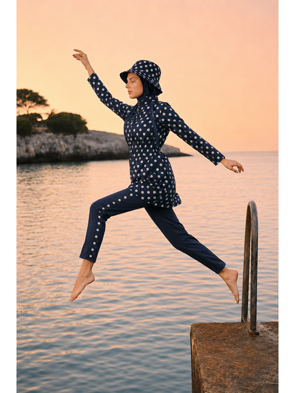 Pearl Dot | Beyaz Puantiyeli Lacivert Stoperli Tesettür Mayo 5 Li Set-2
