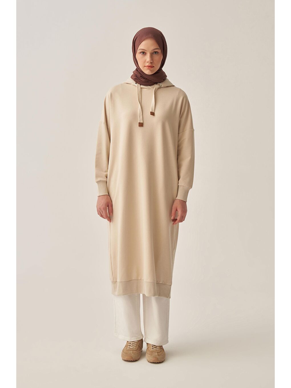 Bej Taş-Kuşgözlü Kapüşonlu Cepli Sweat Tunik-1