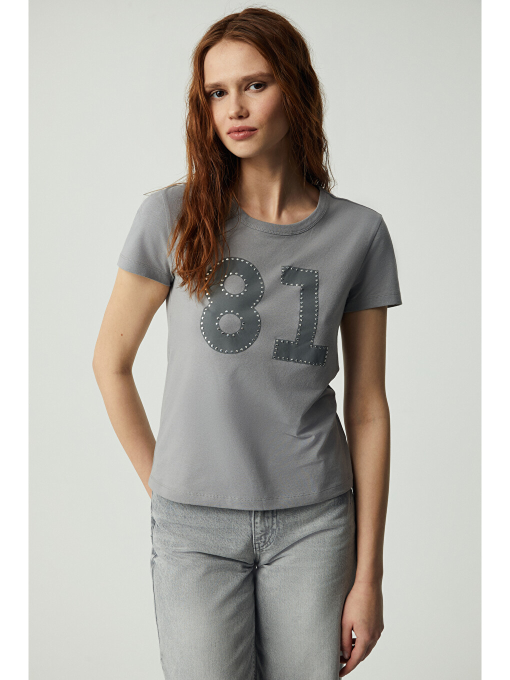 Sınce Kadın Regular Baskılı Taşlı Yuvarlak Yaka Açık Gri T-shirt
