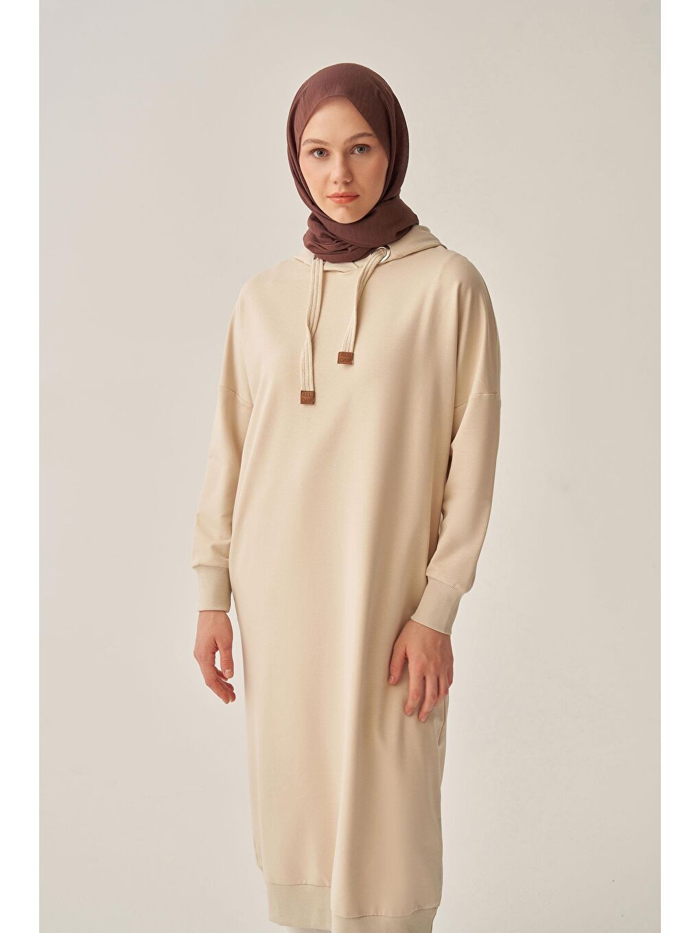 Bej Taş-Kuşgözlü Kapüşonlu Cepli Sweat Tunik-3