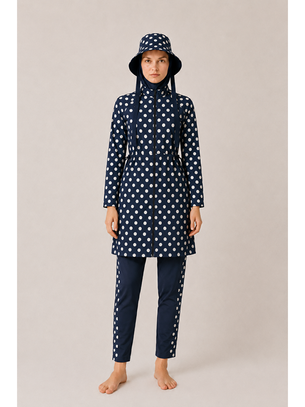 Pearl Dot | Beyaz Puantiyeli Lacivert Stoperli Tesettür Mayo 5 Li Set-3