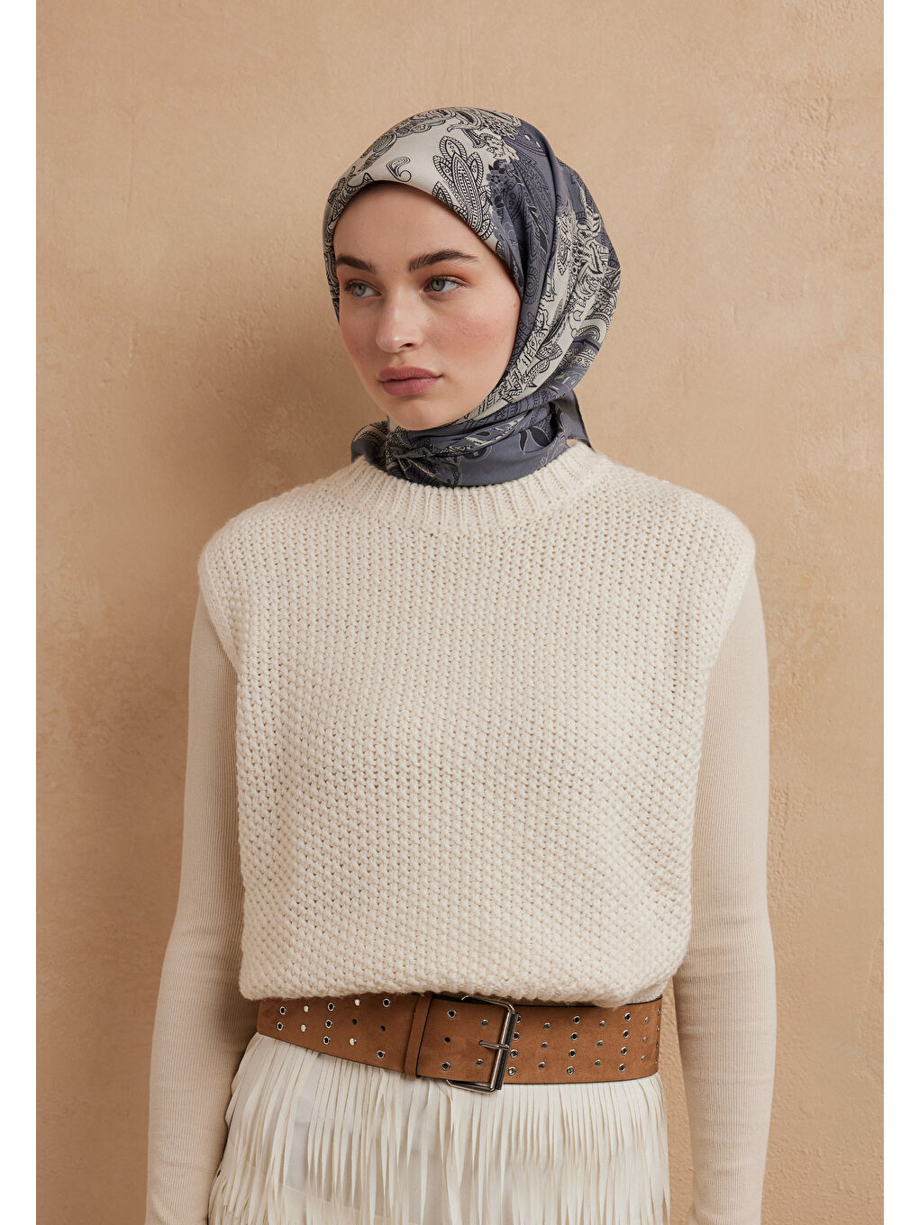 Darıa Desen Pamuk İpek Eşarp Tozlu Mavi-3