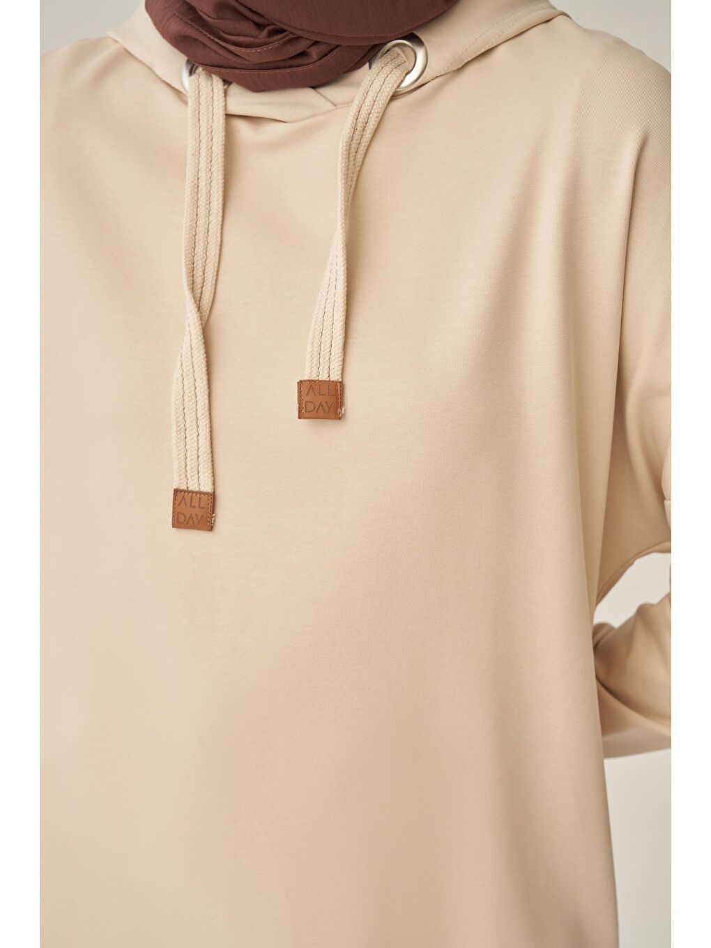 Bej Taş-Kuşgözlü Kapüşonlu Cepli Sweat Tunik-4