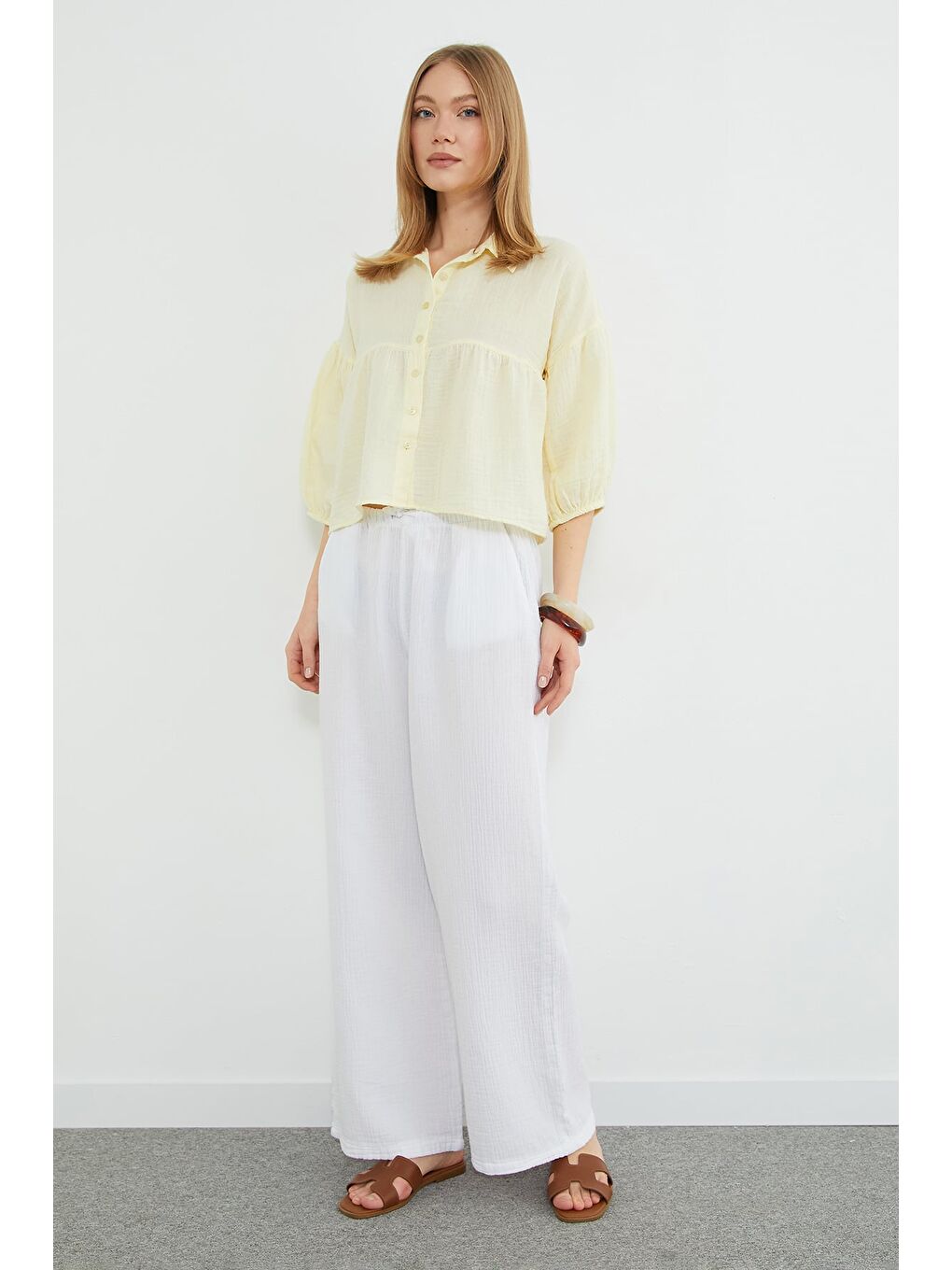 Sarı Balon Kol Salaş Müslin Kumaş Gömlek-1