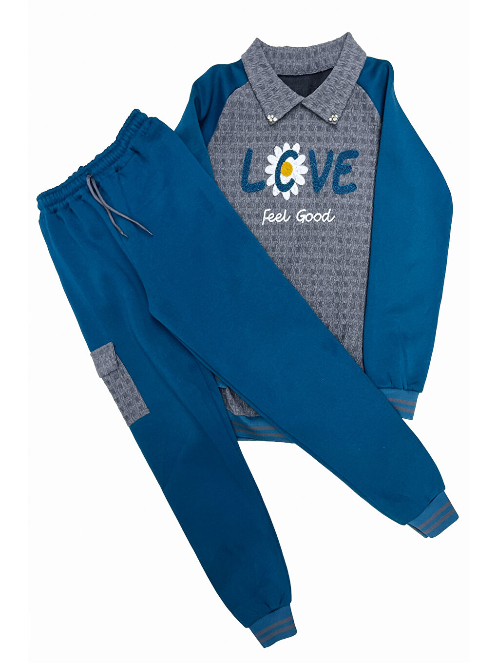 Petrol Kız Çocuk Kargo Cepli Gömlek Yakalı ve Yaka Taşlı 3 İplik Alt Üst Takım 12328