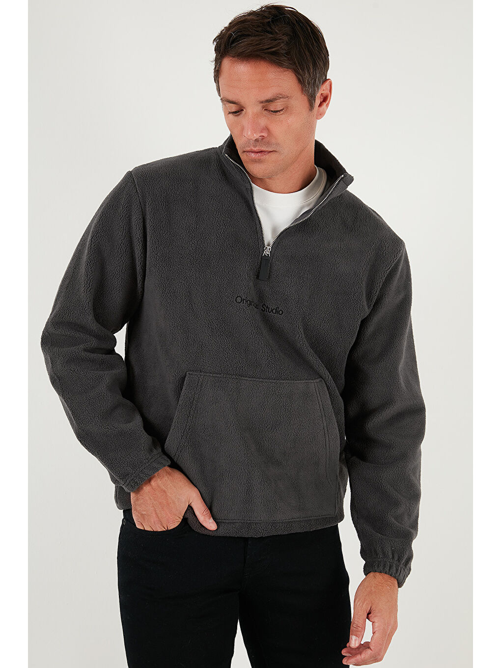 Antrasit Regular Fit Yarım Fermuarlı Dik Yaka Yumuşak Dokulu Sweat 59060661-3