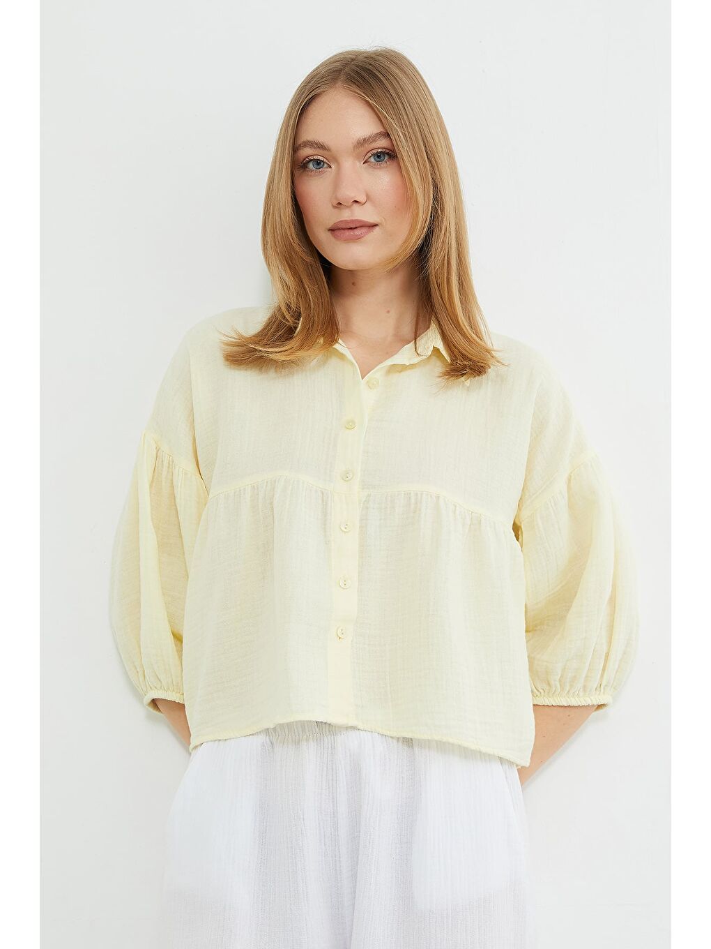 Sarı Balon Kol Salaş Müslin Kumaş Gömlek-2