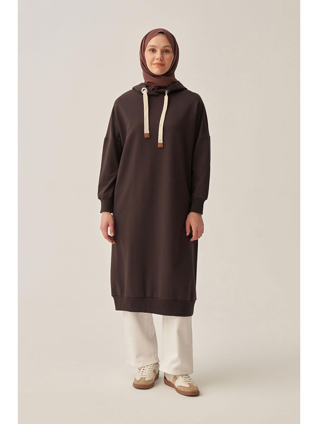 Kahverengi Acı Kahve-Kuşgözlü Kapüşonlu Cepli Sweat Tunik