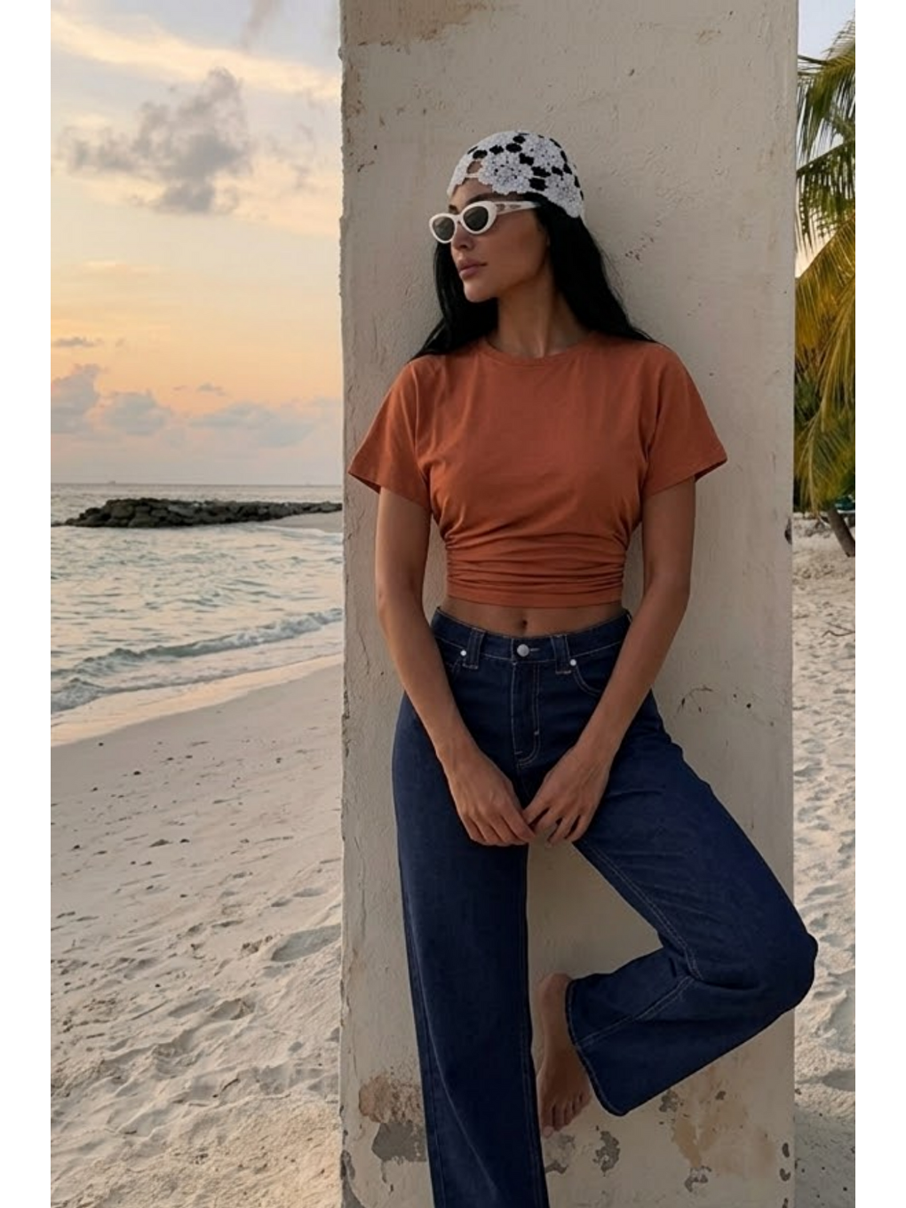 Pembe Kadın Yarasa Kollu Dar Pudra Crop Tişört-3