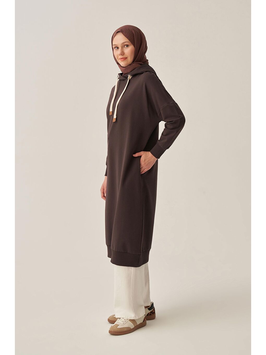 Kahverengi Acı Kahve-Kuşgözlü Kapüşonlu Cepli Sweat Tunik-1