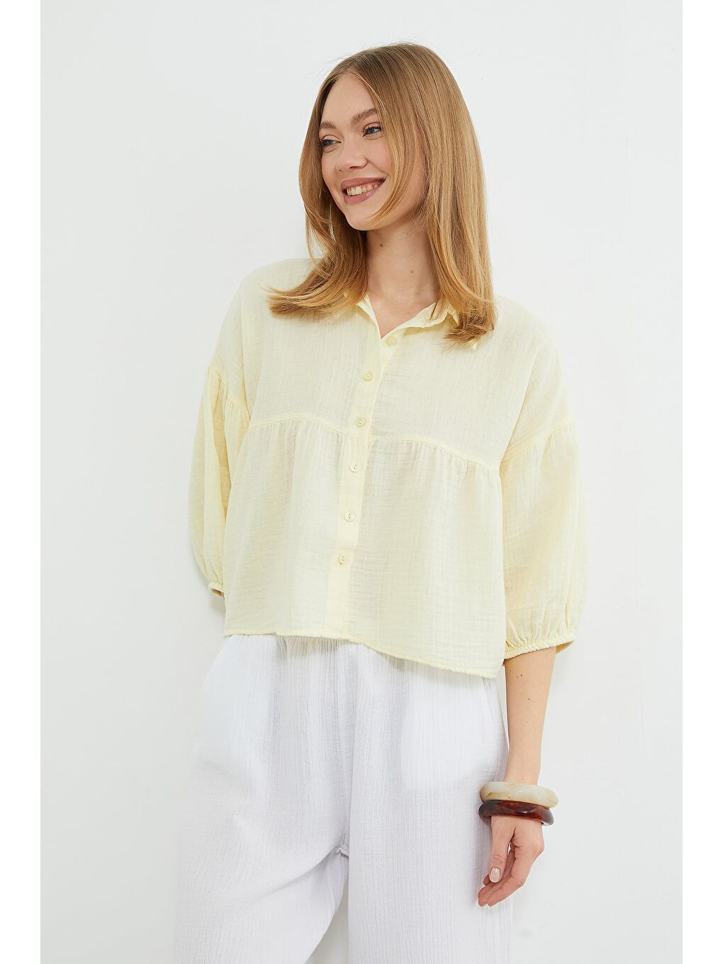 Sarı Balon Kol Salaş Müslin Kumaş Gömlek-3