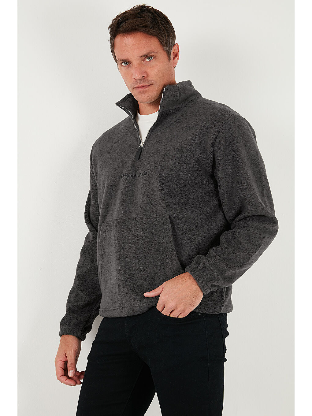 Antrasit Regular Fit Yarım Fermuarlı Dik Yaka Yumuşak Dokulu Sweat 59060661-4