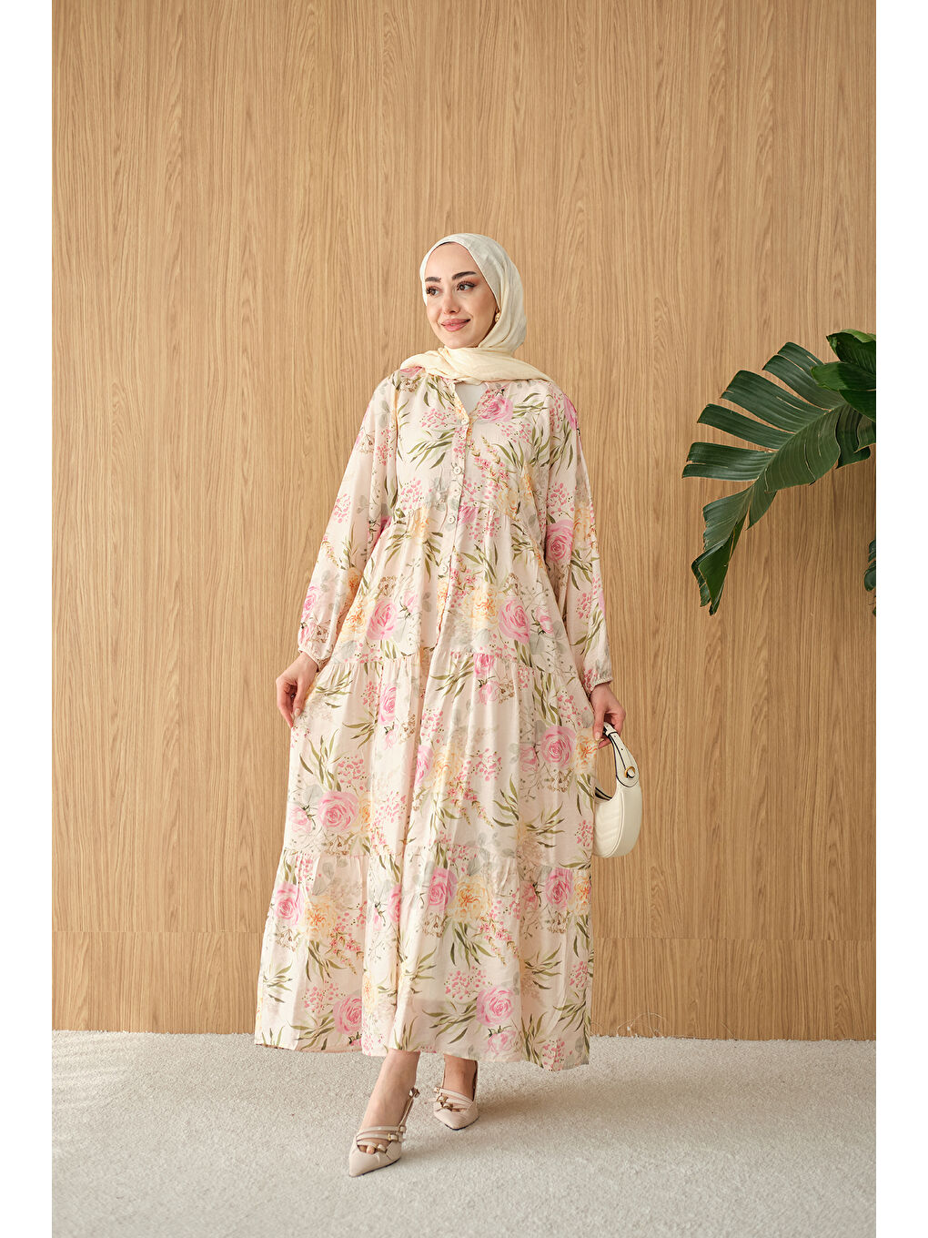 Kadın Gül Desenli Elbise Pembe-1